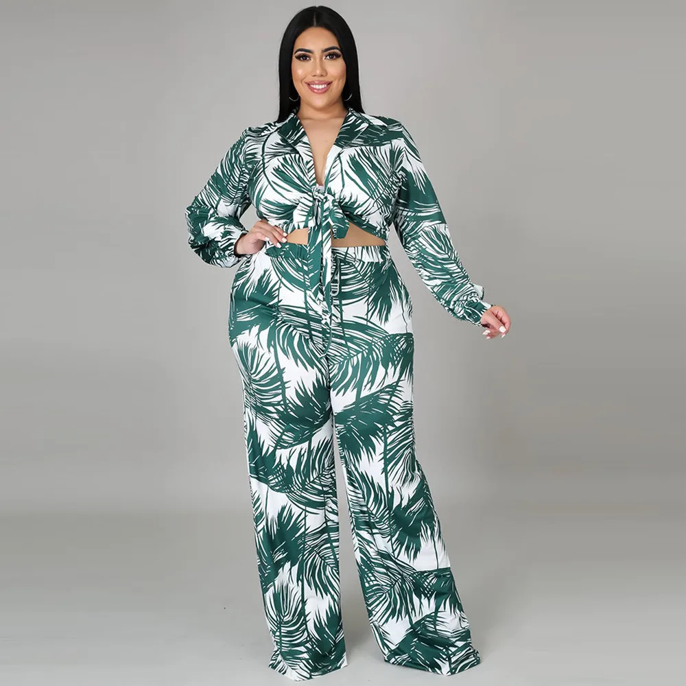 XL-4XL Leaves Print Plus Size Two Piece Pant Suit Women Turn Down Collar Long Sleeve Crop Blouse and Wide Leg Trouser Beachwear
XL-4XL Leaves Print Plus Size Two Piece Pant Suit Women Turn Down Collar Long Sleeve Crop Blouse and Wide Leg Trouser Beachwear
