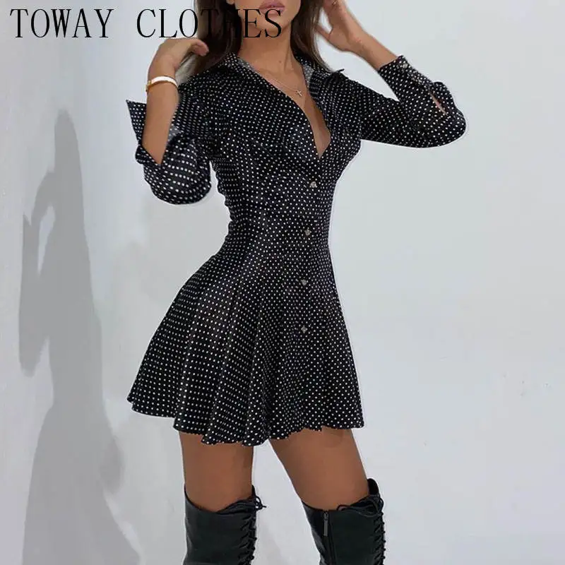

Dress For Women 2022 Dot Print Pleated Skater Dress Shirt Turn down Collar Buttoned Design Vestidos Elegantes Para Mujer