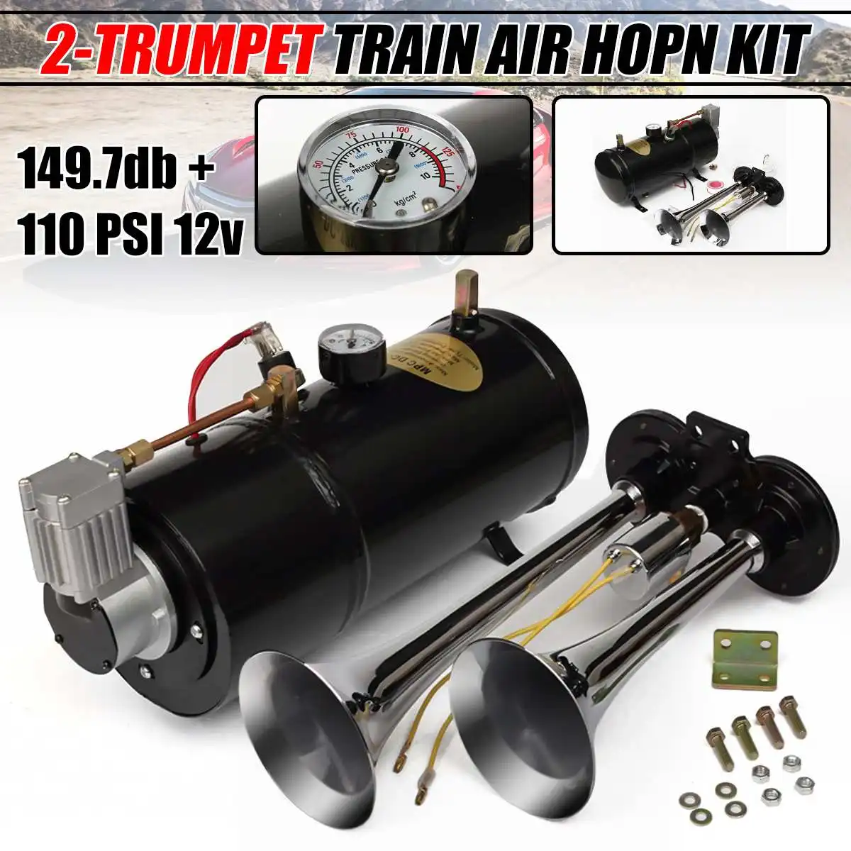 Горячий Новый двойной 2 труба Воздушный Рог 150 дБ + 110 PSI 12V компрессор танк насос