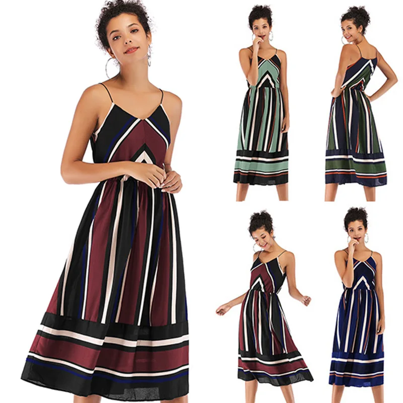 

In European and American vacation long sexy base stripe shows back elastic condole belt dress female