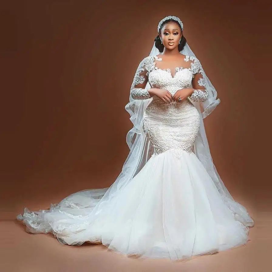 Vestidos De Fiesta Sheer Neck Lace Applique Long Sleeves Wedding Gowns 2022 Sweep Train Tulle Mermaid/Trumpet Bride Dresses
Vestidos De Fiesta Sheer Neck Lace Applique Long Sleeves Wedding Gowns 2022 Sweep Train Tulle Mermaid/Trumpet Bride Dresses