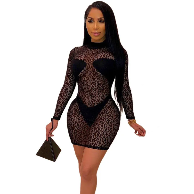 Sexy Leopard Printed Sheer Lace Dress Women See Through Long Sleeve Bodycon Mini Dress Night Club Party Dresses with Underwear
Sexy Leopard Printed Sheer Lace Dress Women See Through Long Sleeve Bodycon Mini Dress Night Club Party Dresses with Underwear
