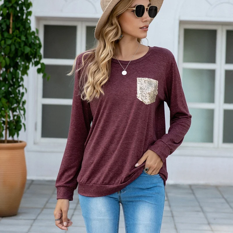 Women Tops Autumn Long Sleeve T-Shirt Stitching Pocket O-Collar Pullover Tees Ladies Solid Casual Streetwear
Women Tops Autumn Long Sleeve T-Shirt Stitching Pocket O-Collar Pullover Tees Ladies Solid Casual Streetwear