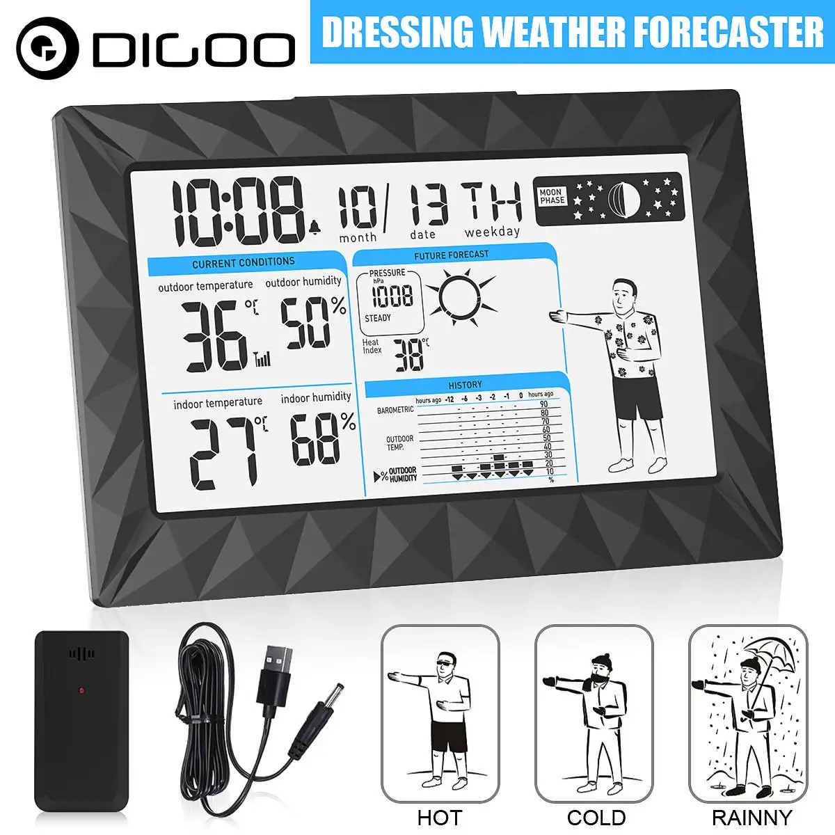 DIGOO LCD Weather Station Outdoor Indoor Thermometer Humidity Forecast Barometer Snooze Alarm Clock Sunrise Sunset Calendar
DIGOO LCD Weather Station Outdoor Indoor Thermometer Humidity Forecast Barometer Snooze Alarm Clock Sunrise Sunset Calendar