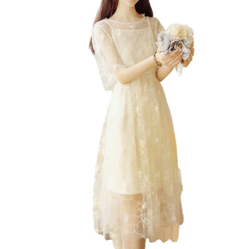 Spring and summer super fairy fairy long dress elegant short-sleeved pure color O-neck applique elegant and sweet fairy dress 
Spring and summer super fairy fairy long dress elegant short-sleeved pure color O-neck applique elegant and sweet fairy dress