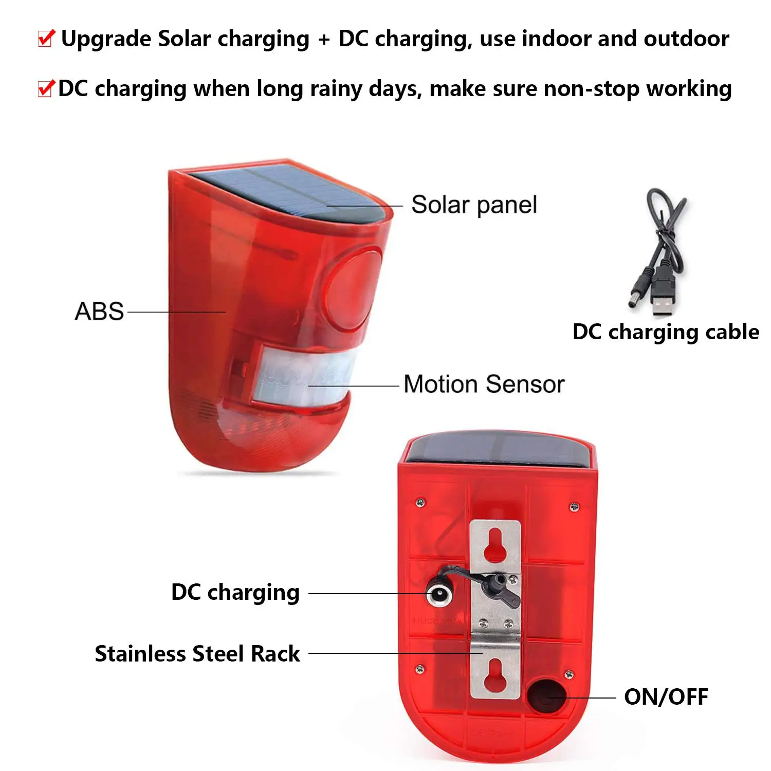 Solar Sound & Light Alarm Motion Sensor 110 Decibels Siren Sound Alert & 6LEDs Flash Warning Strobe Security Alarm System
Solar Sound & Light Alarm Motion Sensor 110 Decibels Siren Sound Alert & 6LEDs Flash Warning Strobe Security Alarm System