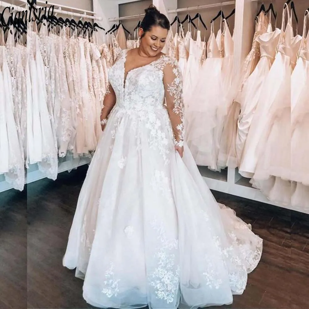 

Setwell Jewel Neck A-line Wedding Dresses Illusion Long Sleeves Lace Appliques Floor Length Plus Size Bridal Gowns vestidos de