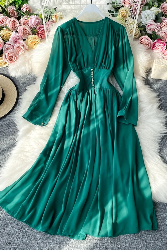 Elegant sexy V-neck chiffon long dress new spring autumn women's high waist button office lady dress women's party MIDI dress
Elegant sexy V-neck chiffon long dress new spring autumn women's high waist button office lady dress women's party MIDI dress