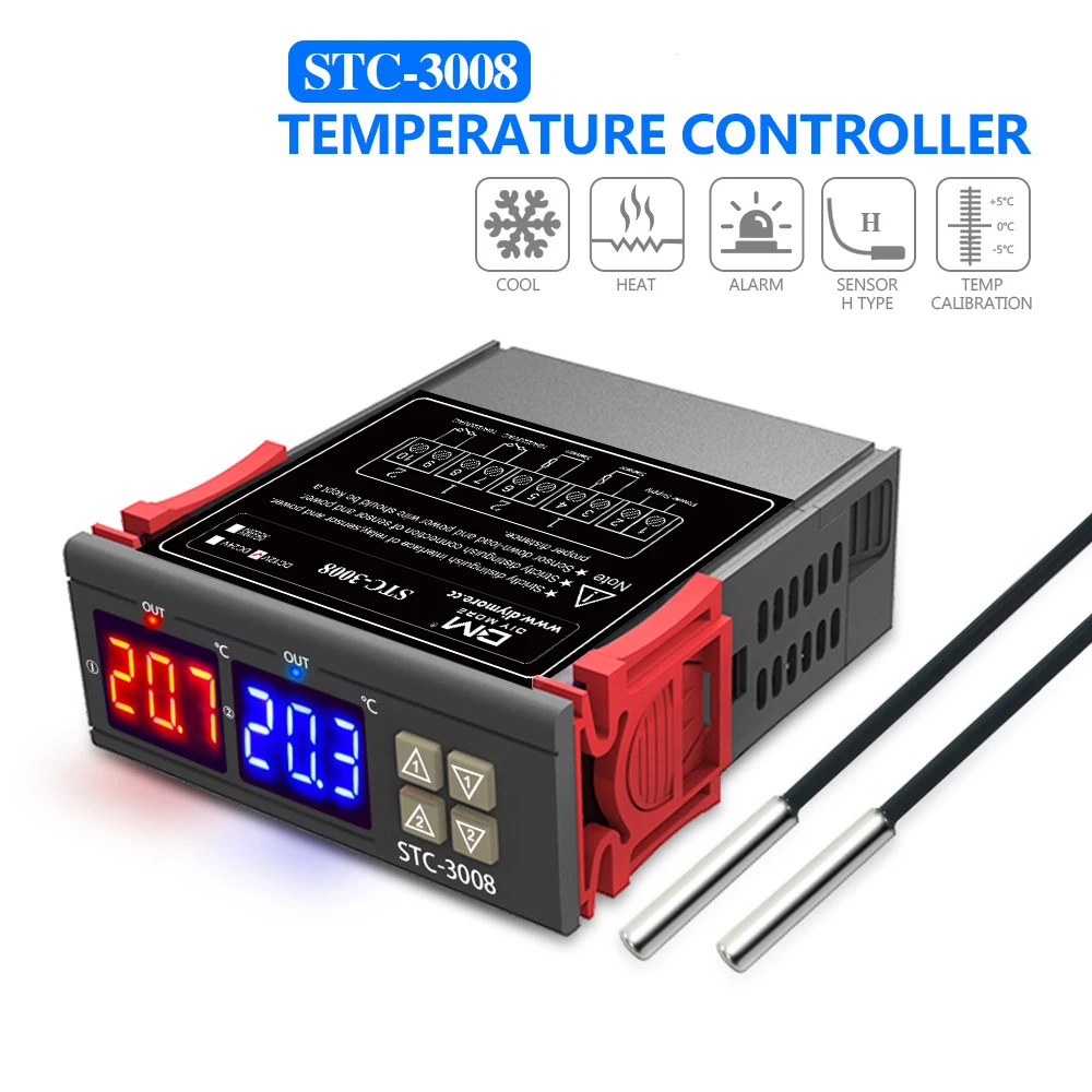 STC-3008 Digital Temperature Controller Dual Display Two Relay Output 12V 24V 220V Thermoregulator Thermostat With Heater Cooler
STC-3008 Digital Temperature Controller Dual Display Two Relay Output 12V 24V 220V Thermoregulator Thermostat With Heater Cooler
