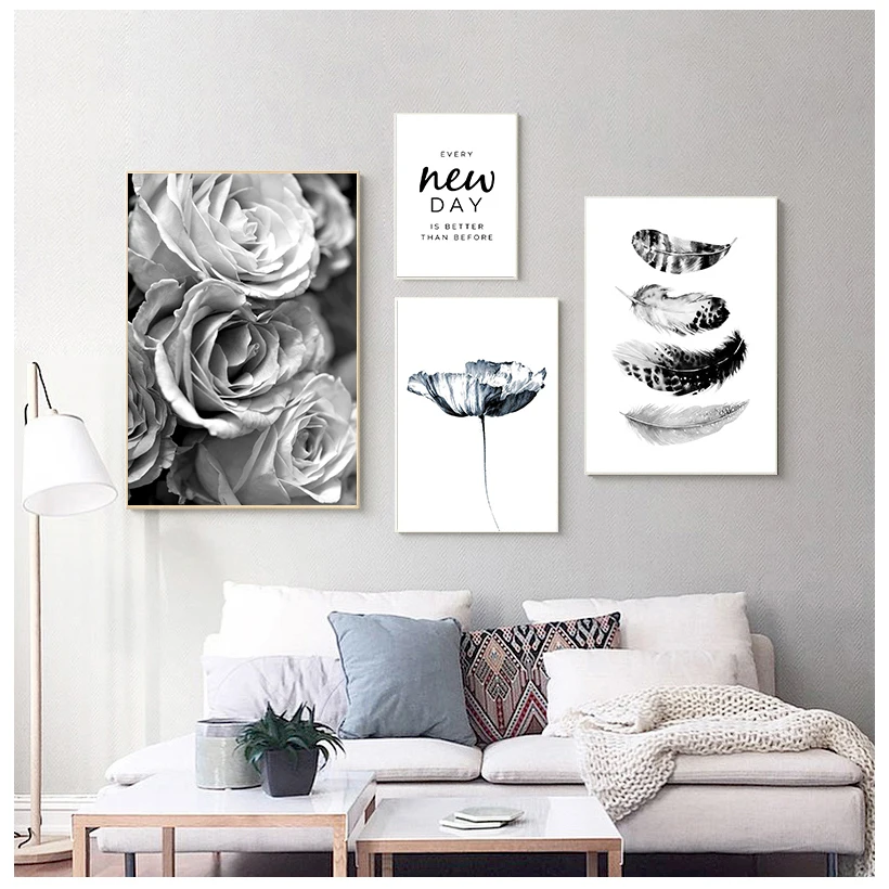 

Черно-белая Настенная картина с изображением роз, цветов на холсте, перьев, цитаты и принты, минималистичные картины для декора гостиной