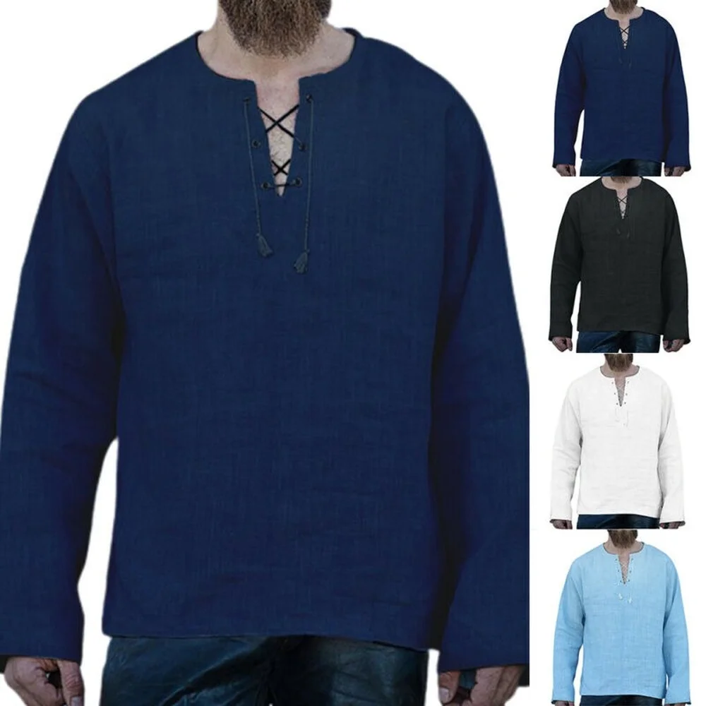 Men Loose Casual Solid V-neck Blouse Tether Long Sleeve Cotton Linen T-shirt Top
Men Loose Casual Solid V-neck Blouse Tether Long Sleeve Cotton Linen T-shirt Top