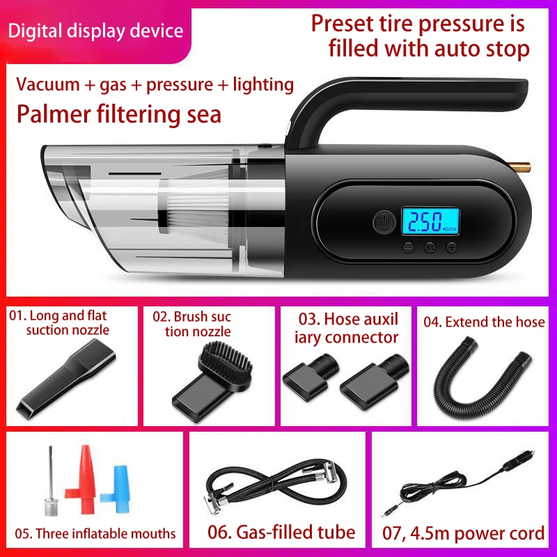 4 In 1 Handheld Car Vacuum Cleaner Air Pump Auto Tire Pressure Detection Powerful Inflatable Pump Air Compressor With LED Light
4 In 1 Handheld Car Vacuum Cleaner Air Pump Auto Tire Pressure Detection Powerful Inflatable Pump Air Compressor With LED Light