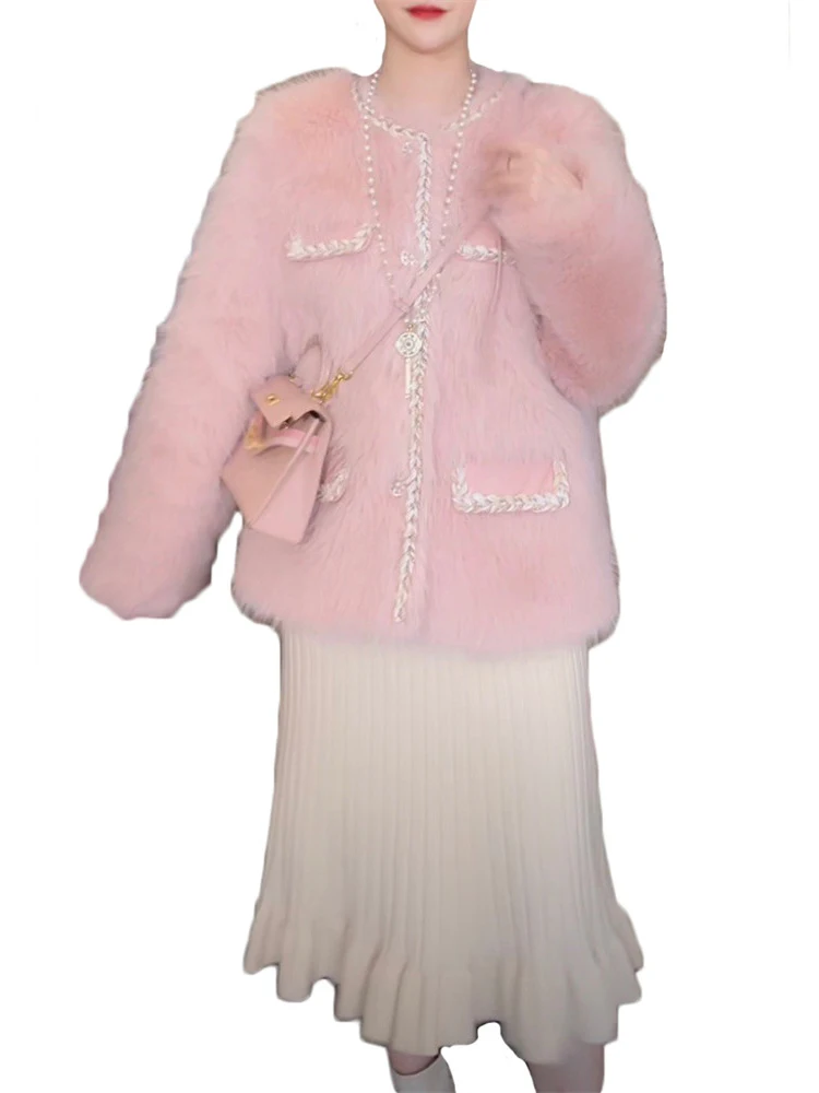 Зимнее толстое теплое пушистое пальто Женская мода Элегантная тканая куртка из искусственного меха Однобортная верхняя одежда с круглым вырезом N1481 
Зимнее толстое теплое пушистое пальто Женская мода Элегантная тканая куртка из искусственного меха Однобортная верхняя одежда с круглым вырезом N1481