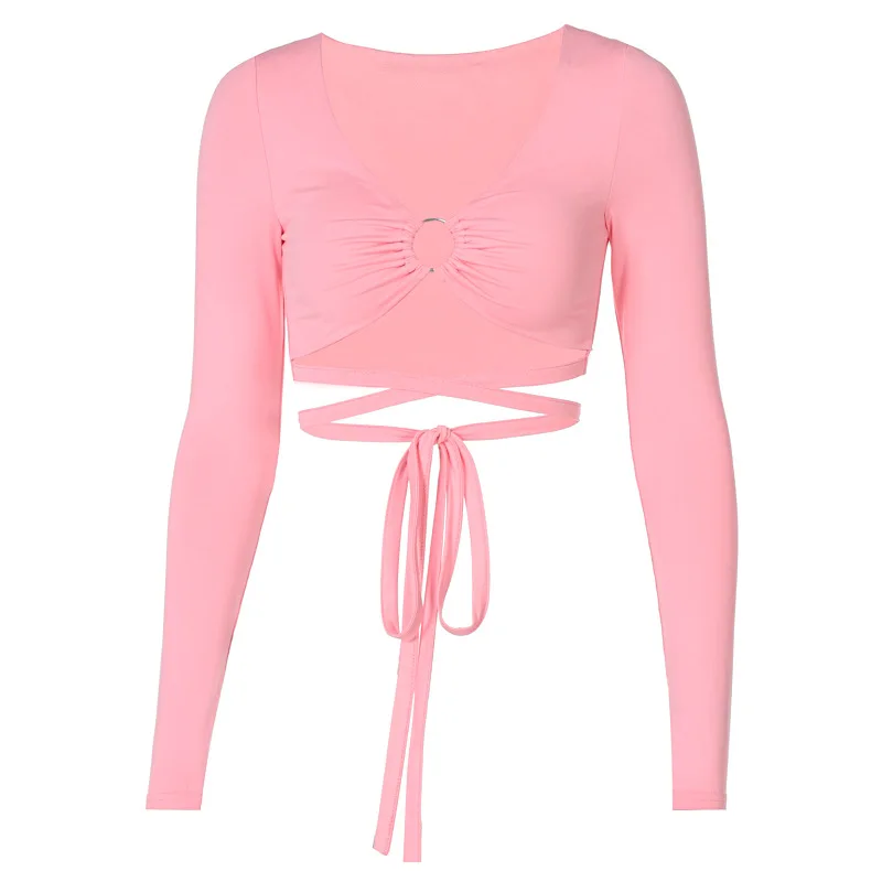 Pop Spring Ultra Short Navel Women T-shirt V-neck Solid Color Pullover Sexy Slim Bandage Hollow Out Long Sleeve Bodycon Club Top 
Pop Spring Ultra Short Navel Women T-shirt V-neck Solid Color Pullover Sexy Slim Bandage Hollow Out Long Sleeve Bodycon Club Top