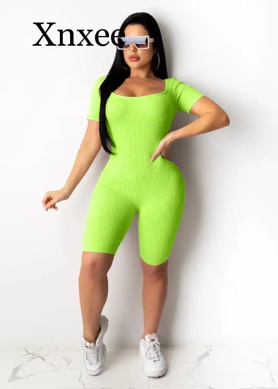 

Sexy Rib Neon Rompers Womens Jumpsuit Biker Shorts Summer Body One Piece Club Outfits Backless Bandage Bodycon Playsuits