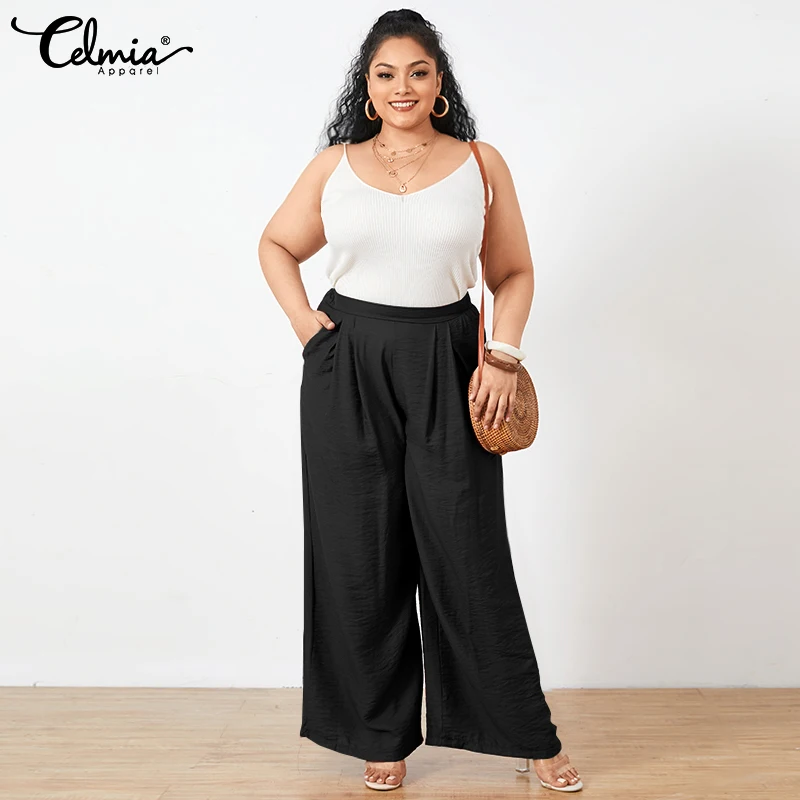 Casual Pleated Long Trouser Celmia Women Wide Leg Pants 2021 Elegant Retro Solid Elastic Waist Loose Leisure Pantalons Plus Size
Casual Pleated Long Trouser Celmia Women Wide Leg Pants 2021 Elegant Retro Solid Elastic Waist Loose Leisure Pantalons Plus Size