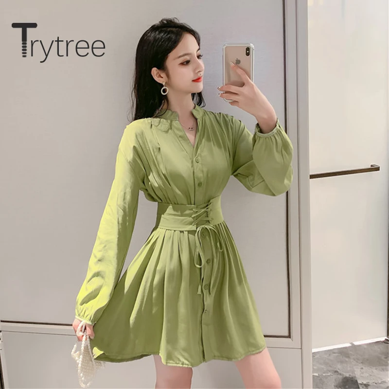 Trytree 2020 Spring Summer Casual Dress Women V-neck Single Breasted Solid 2 Color Bandage A-line Fashion Elegant Mini Dress
Trytree 2020 Spring Summer Casual Dress Women V-neck Single Breasted Solid 2 Color Bandage A-line Fashion Elegant Mini Dress