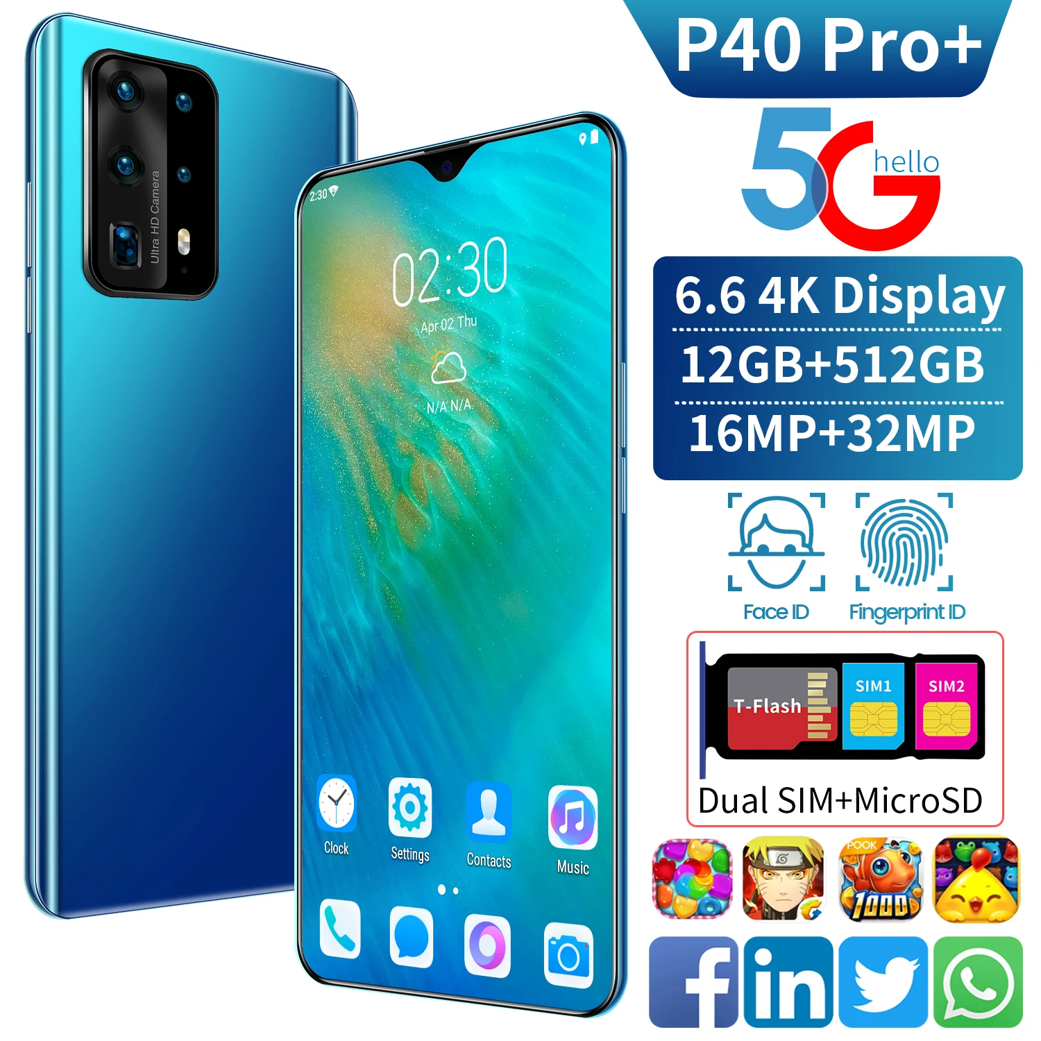 P40 Pro+ 6.6" Smartphone 8GB+256GB 5000mAh Battery Android Full Screen Mobilephone Bluetooth Voice 16+32MP Google 4G Cellphone
P40 Pro+ 6.6" Smartphone 8GB+256GB 5000mAh Battery Android Full Screen Mobilephone Bluetooth Voice 16+32MP Google 4G Cellphone