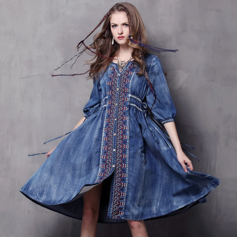 Brand Woman Dress 2020 New Big Yards Denim Skirt Sleeve Dress In The Folk Embroidery Draw String Dresses Women
Brand Woman Dress 2020 New Big Yards Denim Skirt Sleeve Dress In The Folk Embroidery Draw String Dresses Women