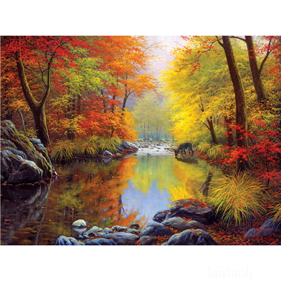 20x25 size Diamond Embroidery forest tree river 5D DIY Painting Autumn Scenery Mosaic Rhinestones Cross Stitch | Дом и сад
