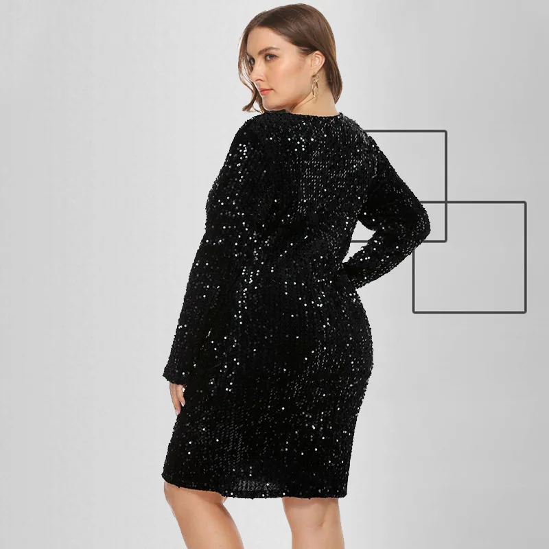 Sexy nightclub dress sequined dress long-sleeved dress tight-fitting hip dress plus size women's dress XL-5XL 
Sexy nightclub dress sequined dress long-sleeved dress tight-fitting hip dress plus size women's dress XL-5XL