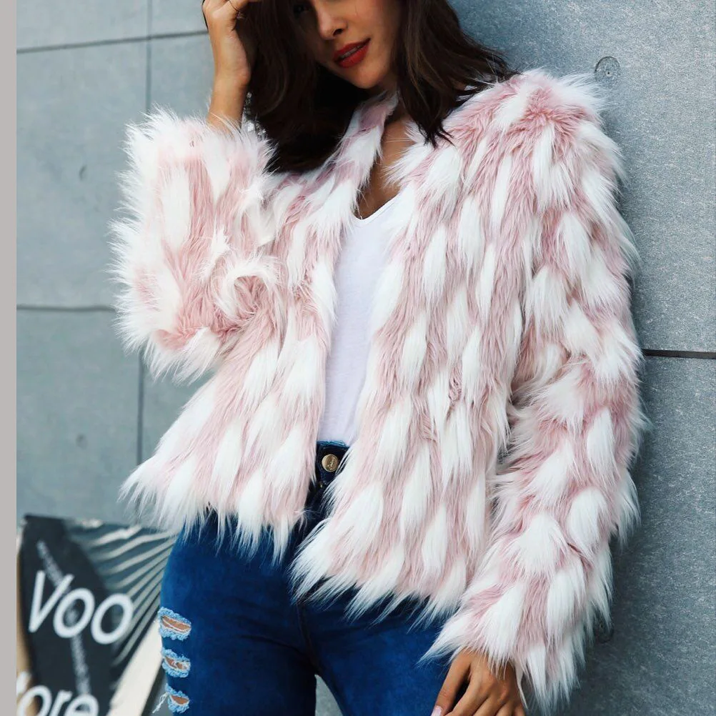 Women Pink Faux Fake Fur Coat Autumn Winter Thick Warm Overcoat Jacket Fashion Elegant New Arrival Big Size Hot Sale | Женская одежда