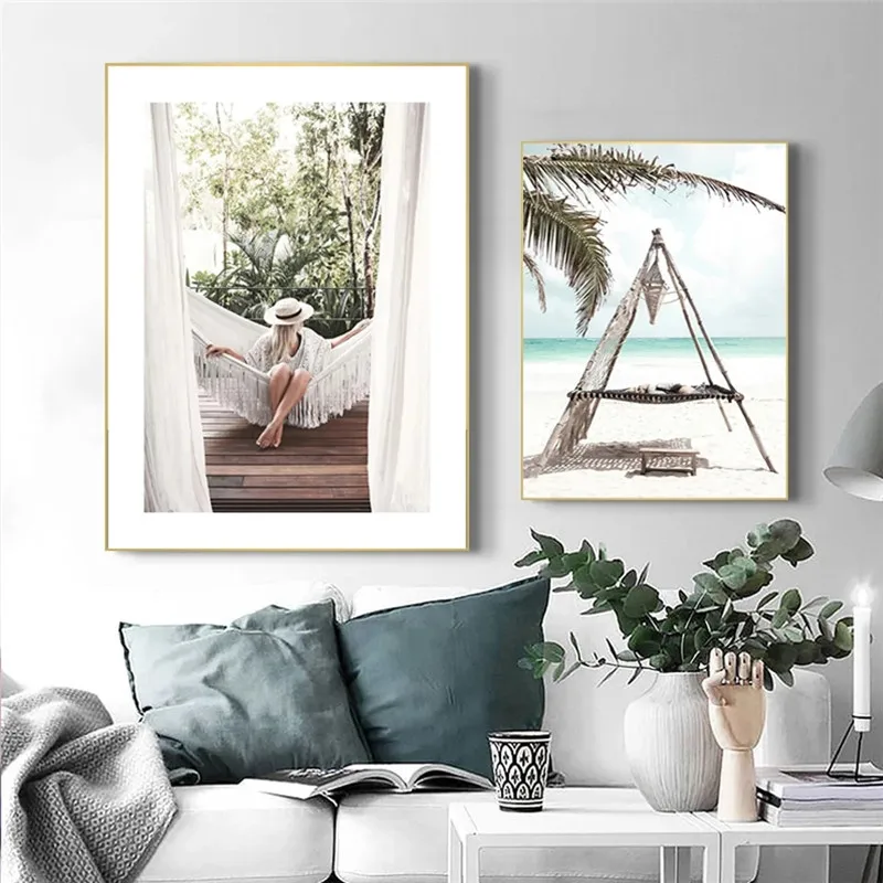 Морской пейзаж бикини девушка Пляжная Настенная картина кокосовое дерево холст