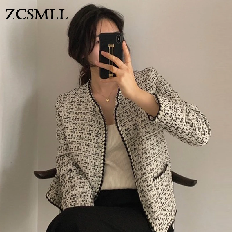 

ZCSMLL шикарное однобортное свободное твидовое короткое пальто с круглым вырезом и контрастной отделкой, с карманами, женская одежда в Корейс...