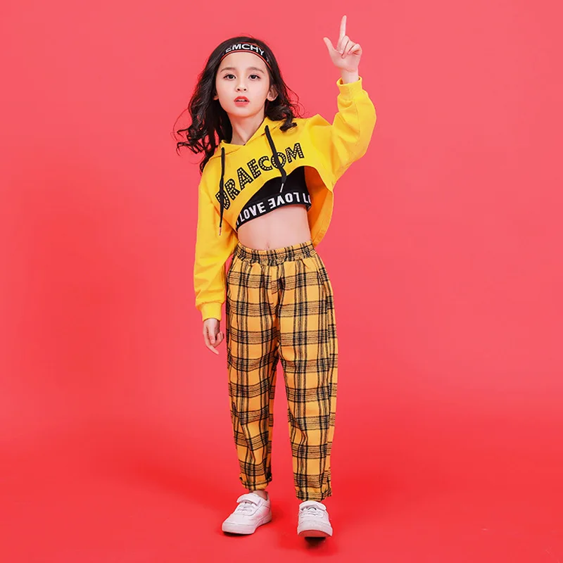Yellow Girls Boys Hip Hop Hoodies Dance Clothes for Kids Jazz Dancing Costumes T Shirt Ballroom Crop Tops Plaid Jogger Pants |