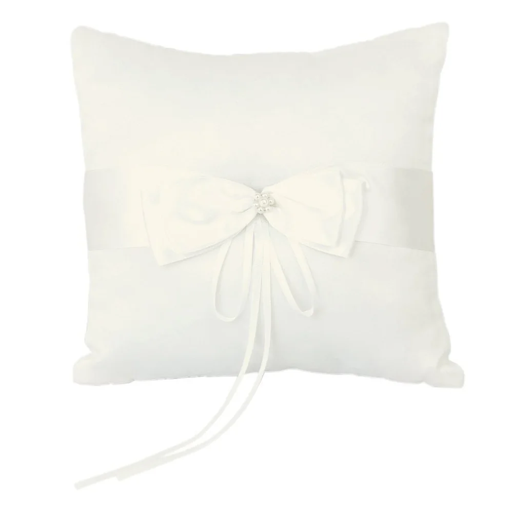 

10*10cm Wedding Ceremony Ring Bearer Pillow Cushion with Satin Double Bowknot Flower Faux Pearl (Ivory)