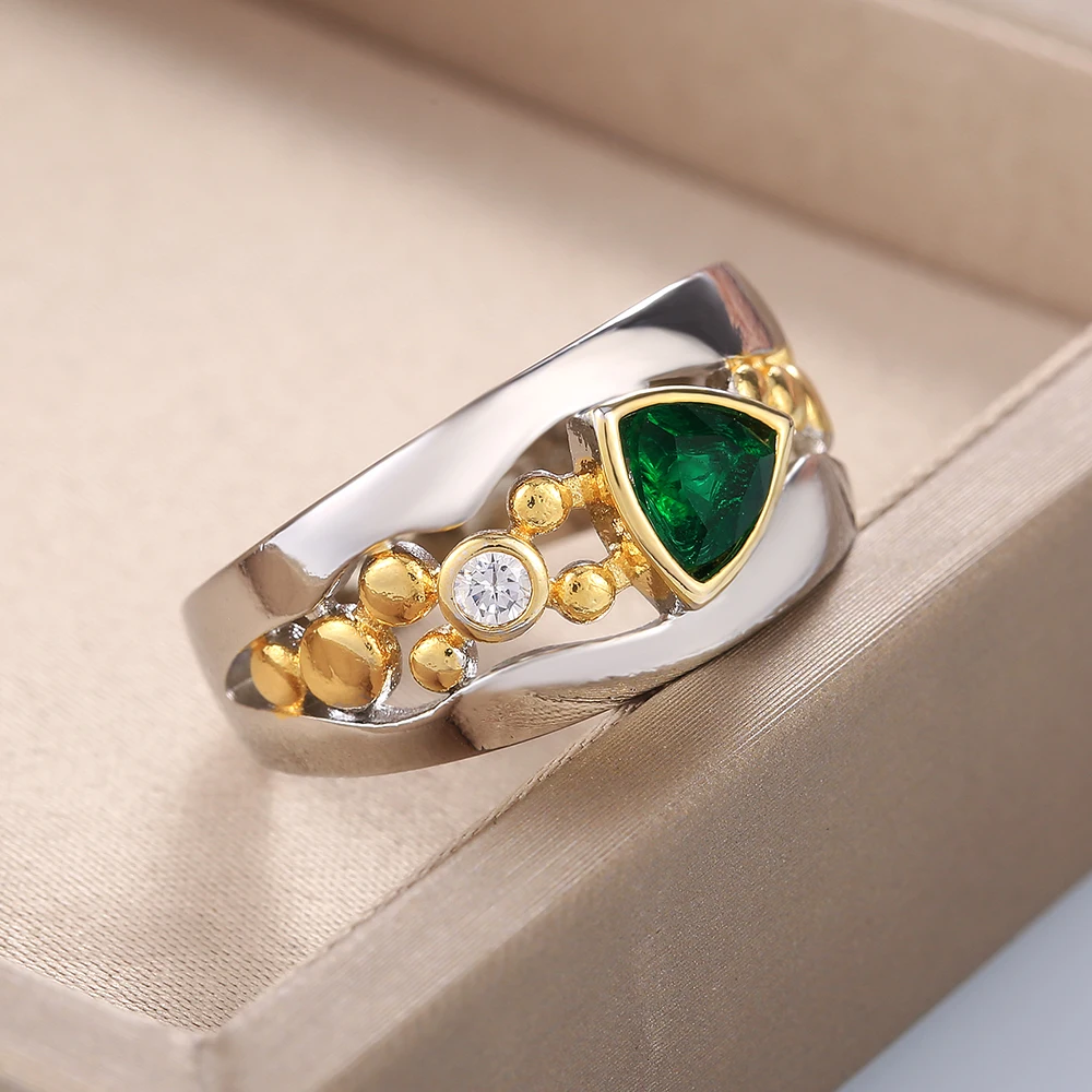 

Huitan Vintage Hollow-out Band Ring Evening Dance Party Accessories Green Stone Graceful Two Tone Rings Jewelry for Mother Gift