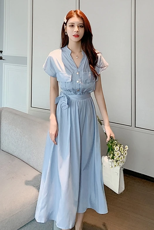 COIGARSAM French Solid Women Long dress Summer England Style V-Neck Dresses Light Blue 685
COIGARSAM French Solid Women Long dress Summer England Style V-Neck Dresses Light Blue 685