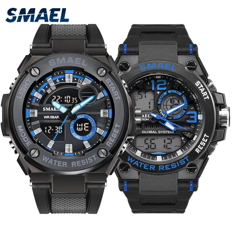 

SMAEL Sports Popular Men's Watch Stopwatch Timer Luminous Hands Digital Dual Display Anti-fall Automatic Date Update