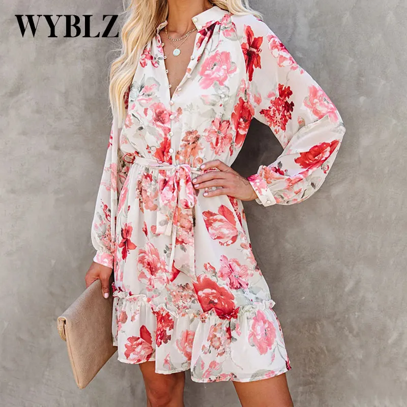 

WYBLZ Elegant Single Breasted Mini Dress Women Casual Printed Ruffle Dresses 2022 Spring Long Sleeve Party A-line Floral Dress