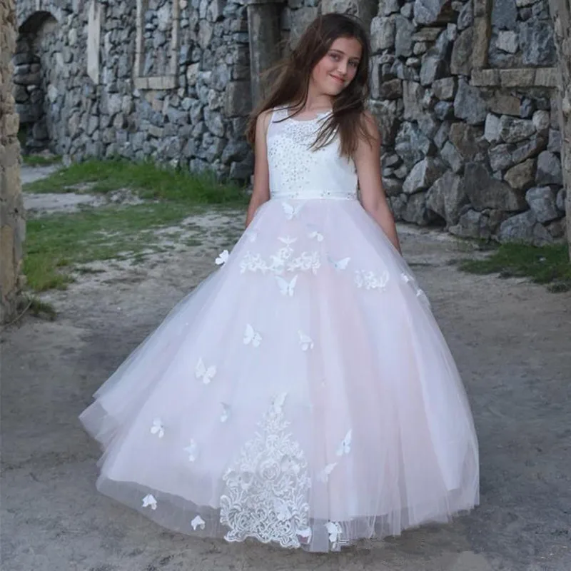 Flower Girl Dress with Lace Appliques Butterflies Crystals Keyhole Back For Wedding Custom Made Princess | Свадьбы и торжества
