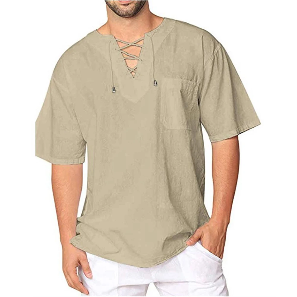 Mens Shirts Solid Cotton Linen Lace Up V Neck Short Sleeve Top Tees Summer Casual Shirts Men Clothing Shirt
Mens Shirts Solid Cotton Linen Lace Up V Neck Short Sleeve Top Tees Summer Casual Shirts Men Clothing Shirt
