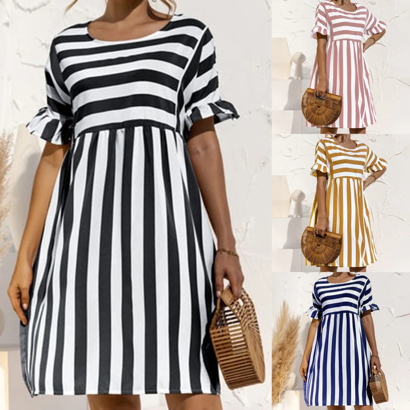 2021 Summer New Fashion O Neck Women's Dress Casual Loose Solid Short Sleeve Ruffle Patchwork Pocket Ladies Stripe Dress
2021 Summer New Fashion O Neck Women's Dress Casual Loose Solid Short Sleeve Ruffle Patchwork Pocket Ladies Stripe Dress