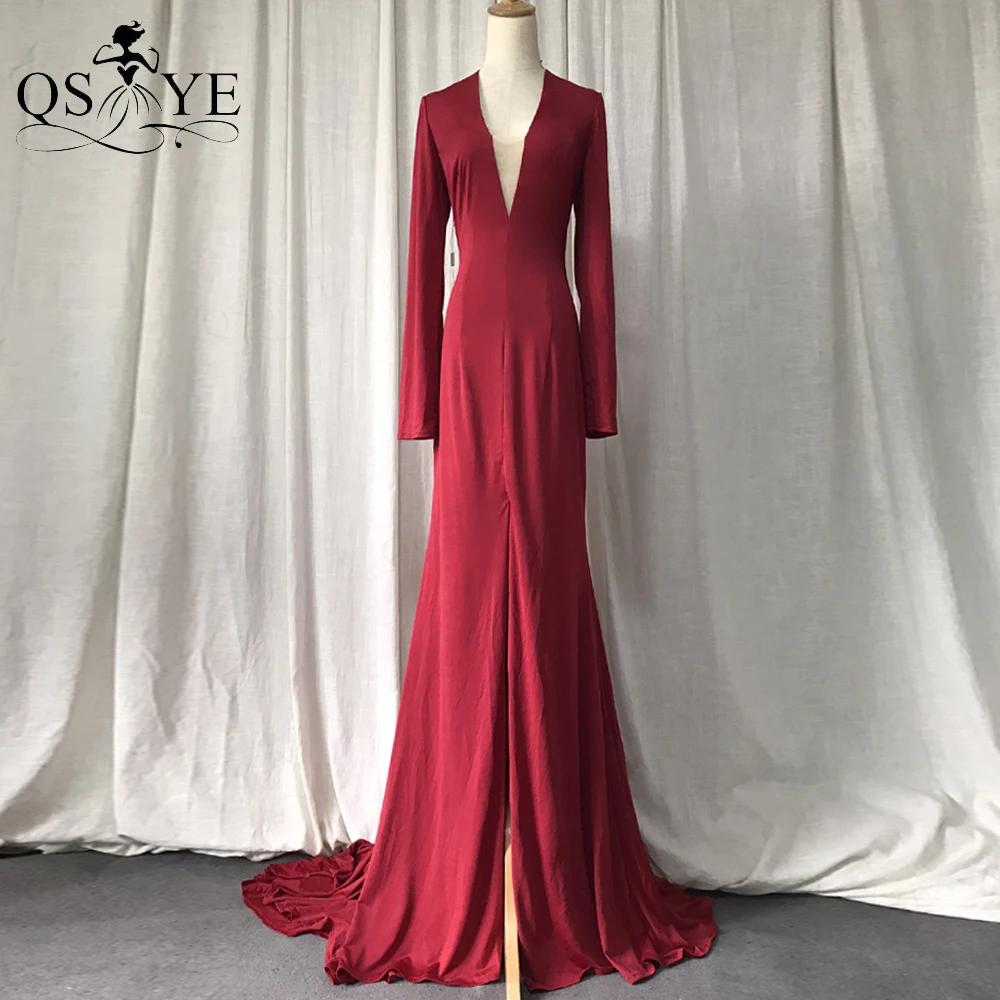 Long Sleeves Red Evening Dress Simple Elastic Prom Gown Long Train Plugging V Neck Party Dress Front Split Women Formal Gown
Long Sleeves Red Evening Dress Simple Elastic Prom Gown Long Train Plugging V Neck Party Dress Front Split Women Formal Gown