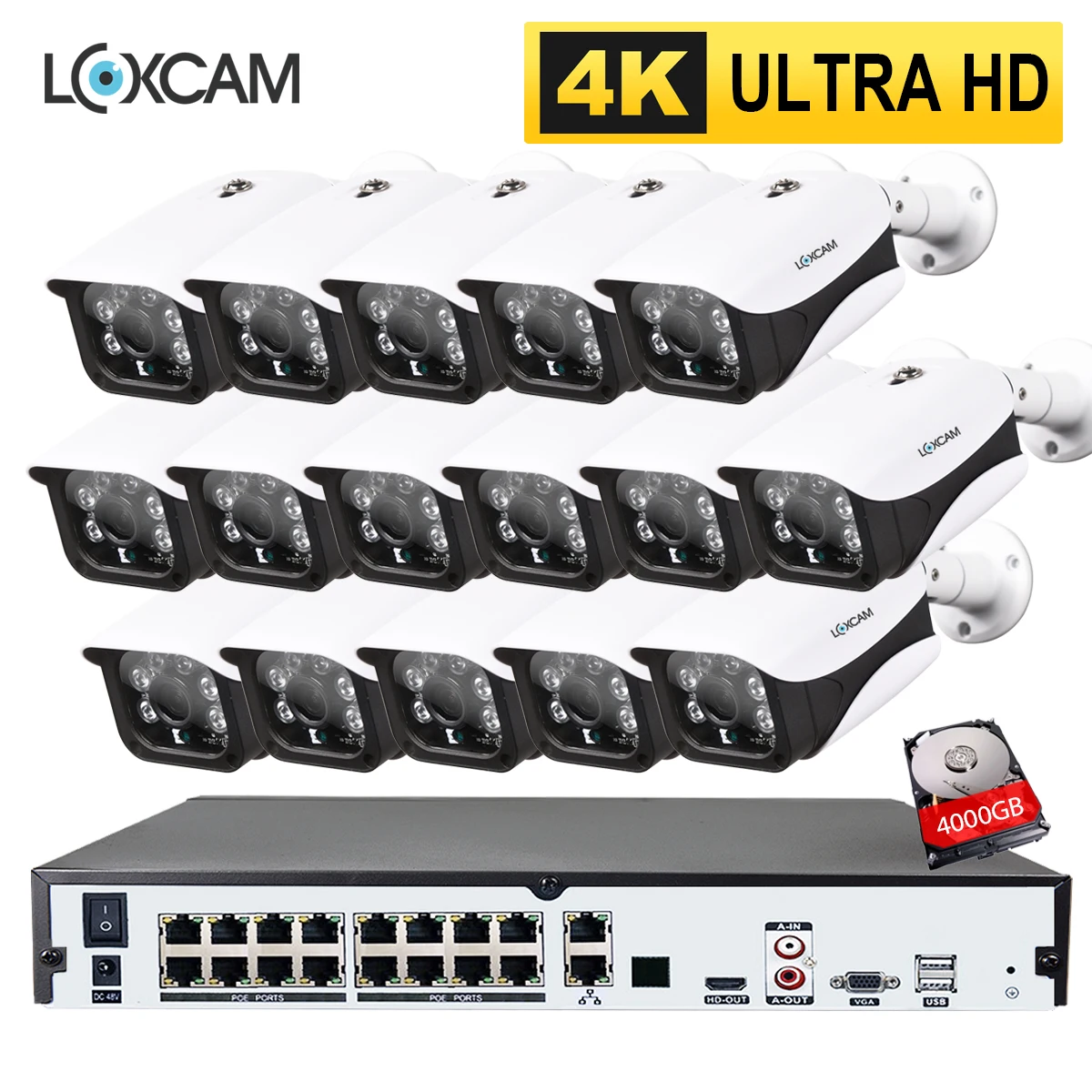 LOXCAM H.265 + 16CH 4K POE NVR Kit камера видеонаблюдения системы безопасности Ultra HD 8MP