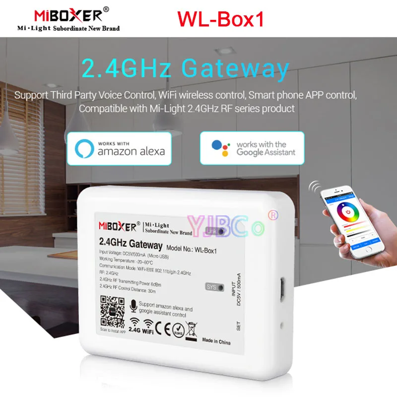 

MiBoxer 2.4GHz Gateway WiFi Smart Controller WL-Box1 (iBox2 Upgraded Version) DC5V 500mA Micro USB Support Google Voice Control