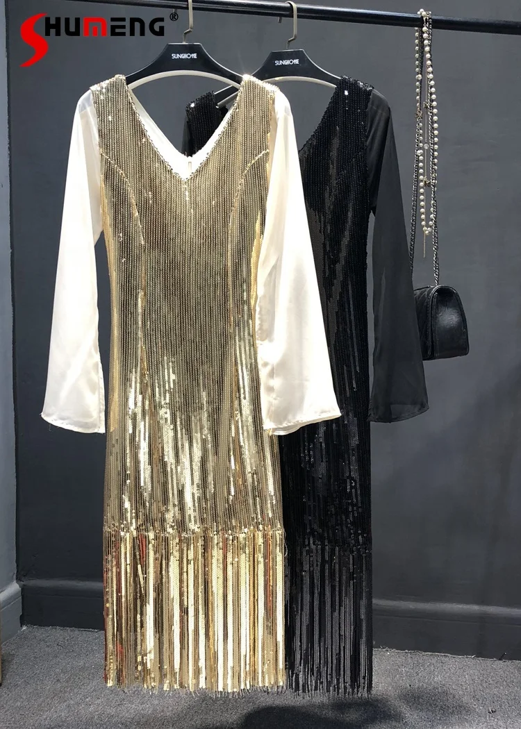2021 Autumn Ladies V-neck Sequins Ankle-length Dress Women's Fashion Chiffon Stitching Tassel Bell Sleeve Slimming Formal Dress
2021 Autumn Ladies V-neck Sequins Ankle-length Dress Women's Fashion Chiffon Stitching Tassel Bell Sleeve Slimming Formal Dress