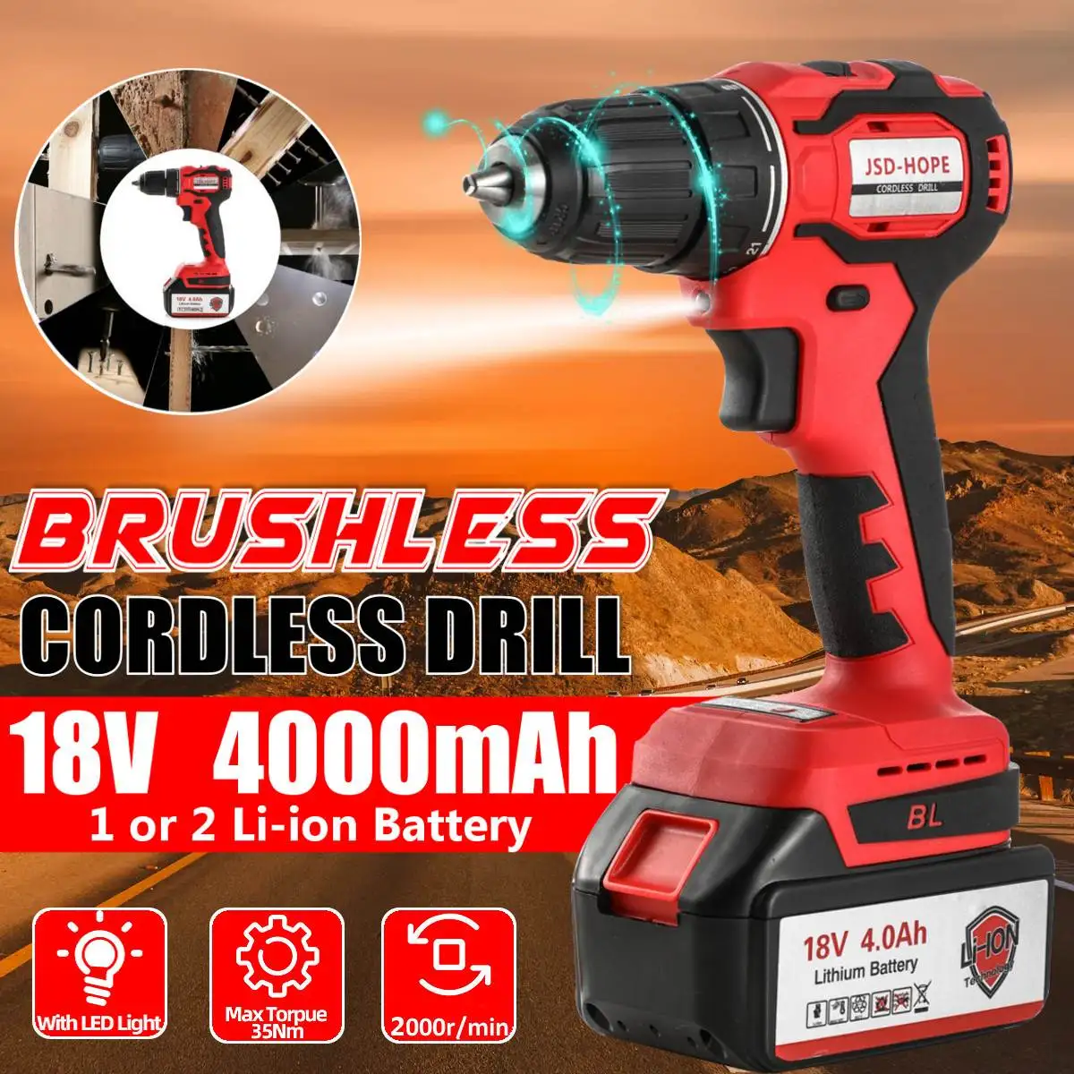 18 Voltage Brushless Electric Drill 35NM Cordless Screwdriver 4000mAh Li-ion Battery Power Screwdriver Drill Power Tool 1500 RPM
18 Voltage Brushless Electric Drill 35NM Cordless Screwdriver 4000mAh Li-ion Battery Power Screwdriver Drill Power Tool 1500 RPM