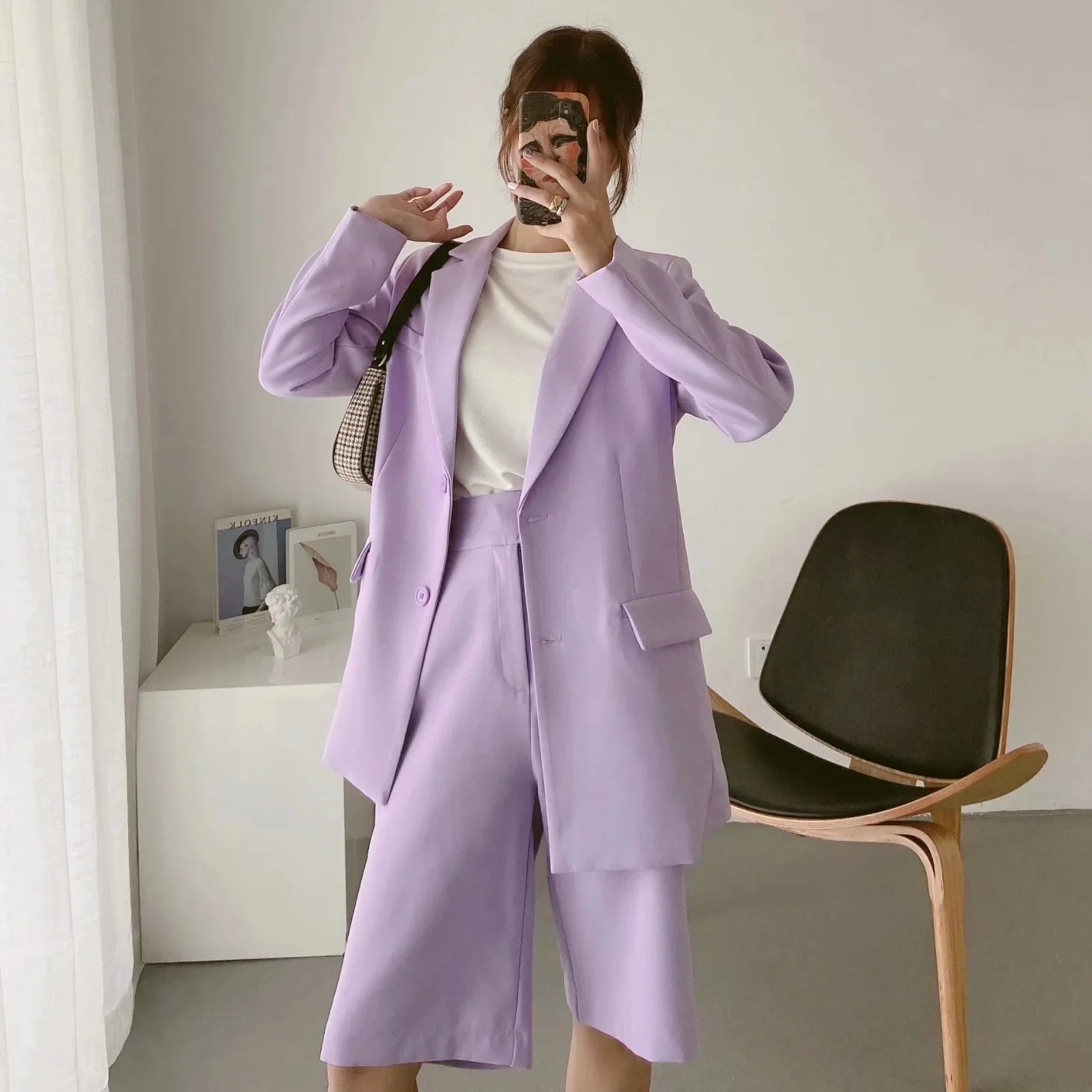 Однотонный комплект из двух предметов фиолетовое маленькое пальто + костюм для