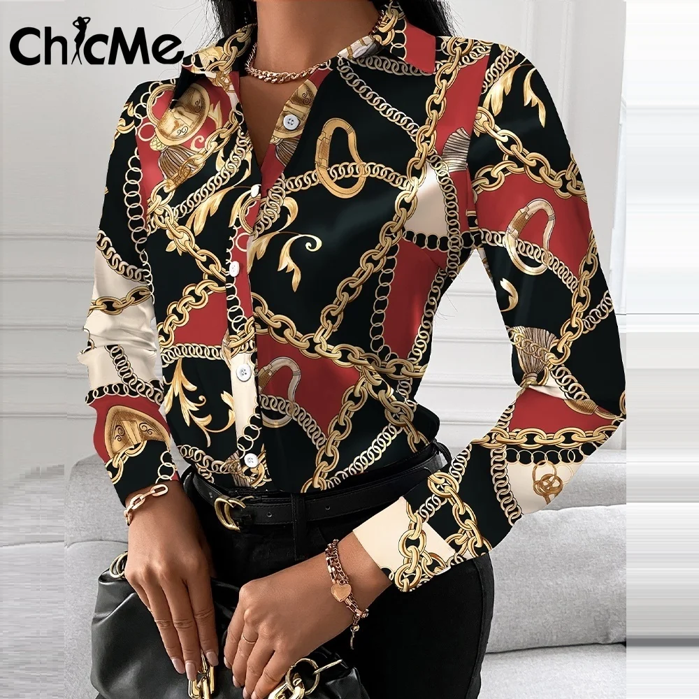 Chicme Autumn All Over Print V Neck Long Sleeve Shirt Chain Print Buttoned Turn-down Collar Blouse Elegant Office Lady Casual
Chicme Autumn All Over Print V Neck Long Sleeve Shirt Chain Print Buttoned Turn-down Collar Blouse Elegant Office Lady Casual