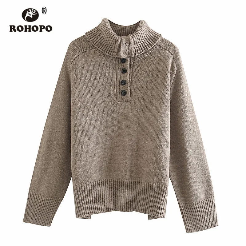 ROHOPO Turtleneck Long Sleeve Khaki Sweater Buttons Closure Neck Ribbed Hem Ladies Winter Pullover Knitted Solid Top Wear #9301 | Женская