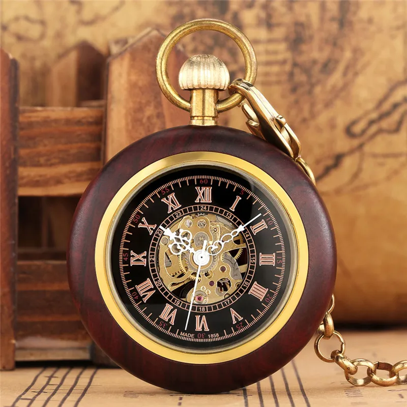 

Antique Wooden Case Handwinding Mechanical Pocket Watch for Men Women Skeleton Clock Pendant Chain Roman Number Dial Hour Gift