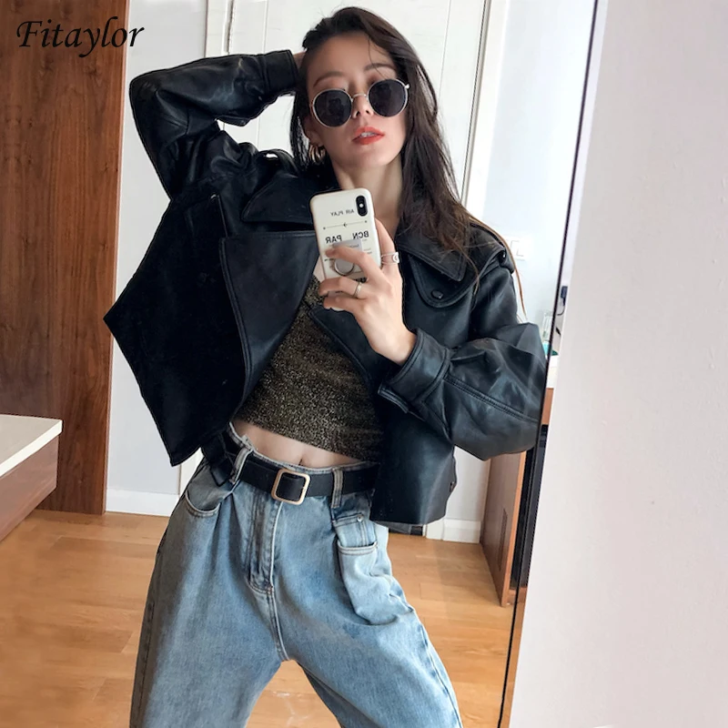 Fitaylor Spring Autumn Faux Leather Short Jacket Women Loose Streetwear Solid Color Outerwear Lapel Motorcycle Black Pu Coat
Fitaylor Spring Autumn Faux Leather Short Jacket Women Loose Streetwear Solid Color Outerwear Lapel Motorcycle Black Pu Coat
