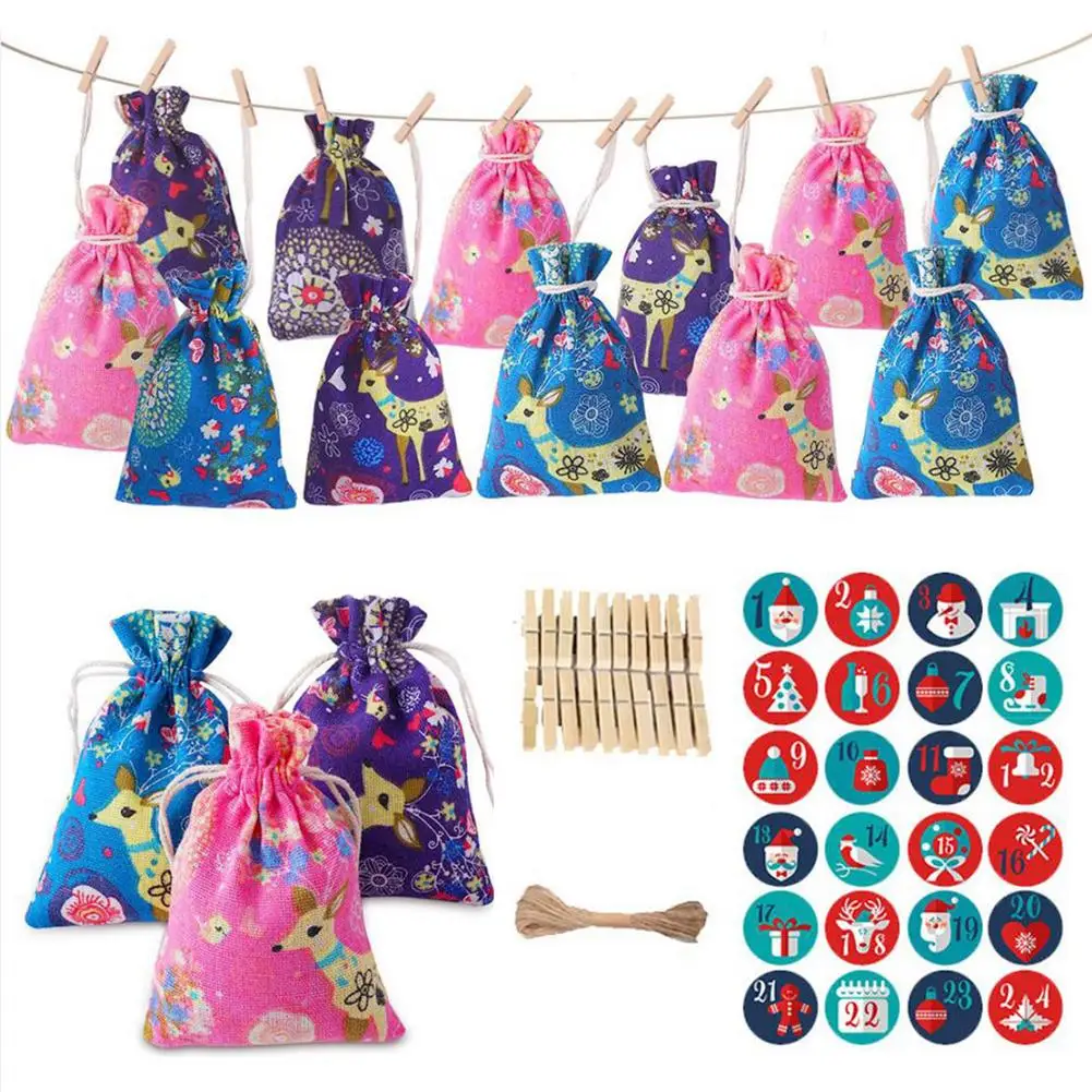 24PCS Christmas Advent Calendar Bags With Rope Clips Stickers Cute Elk Pattern Drawstring Sack Candy Gift Storage Pouch Pendant
24PCS Christmas Advent Calendar Bags With Rope Clips Stickers Cute Elk Pattern Drawstring Sack Candy Gift Storage Pouch Pendant