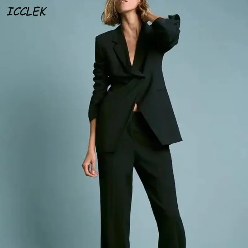 

Женский офисный брючный костюм, элегантный костюм из двух предметов: пиджак на одной пуговице и брюки с широкими штанинами, осень 2021