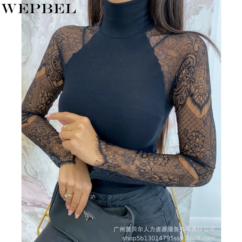 WEPBEL T-shirt Women's Lace Mesh See-through Stitching T-shirt Autumn Sexy Solid Color Slim Fit Turtleneck Long Sleeve T-shirt
WEPBEL T-shirt Women's Lace Mesh See-through Stitching T-shirt Autumn Sexy Solid Color Slim Fit Turtleneck Long Sleeve T-shirt
